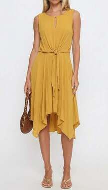 Luxology Sleeveless Keyhole Neck Tie-Waist Handkerchief Hem Dress